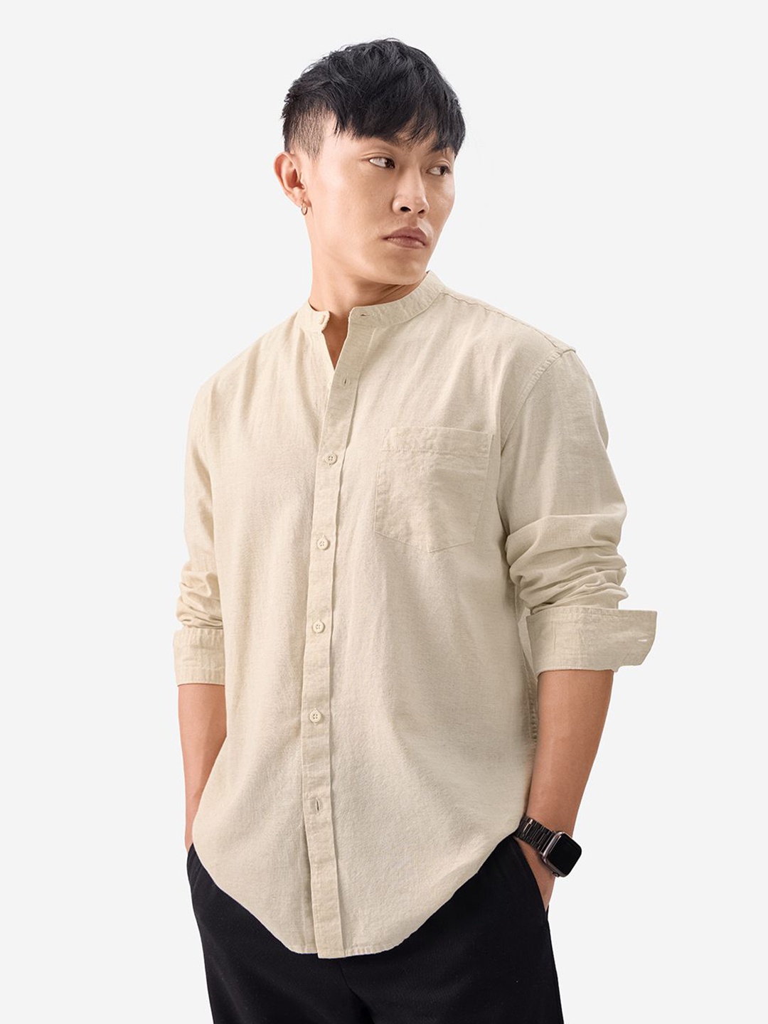 

The Souled Store Men Mandarin Collar Opaque Casual Shirt, Beige