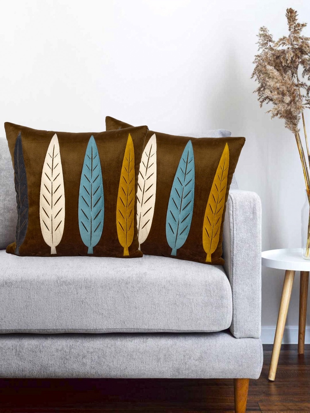 

Vinayaka Fab Coffee Brown & Blue 2 Pieces Floral Patchwork Velvet Square Cushion Covers