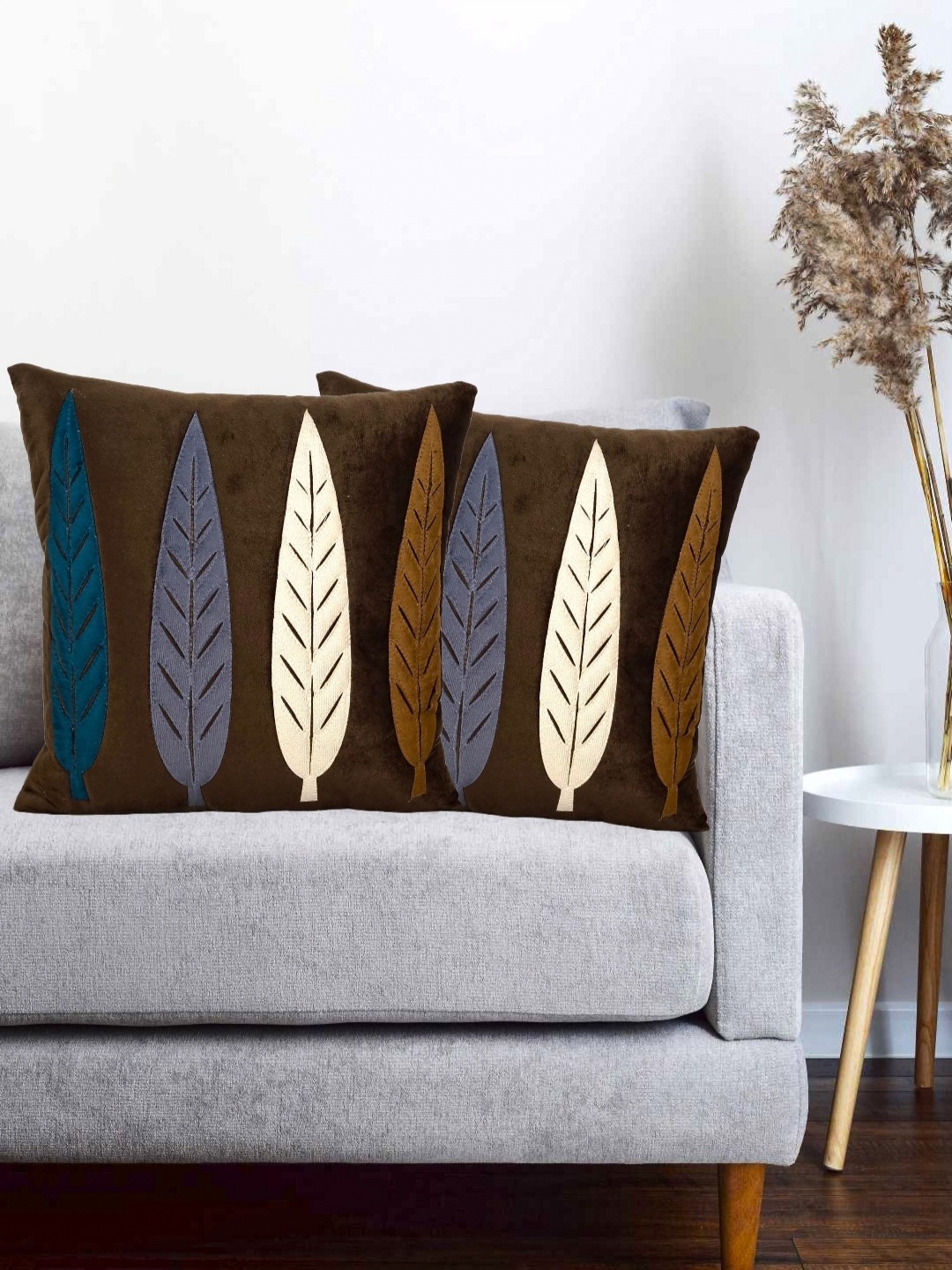 

Vinayaka Fab Brown & Beige 2 Pieces Floral Patchwork Velvet Square Cushion Covers