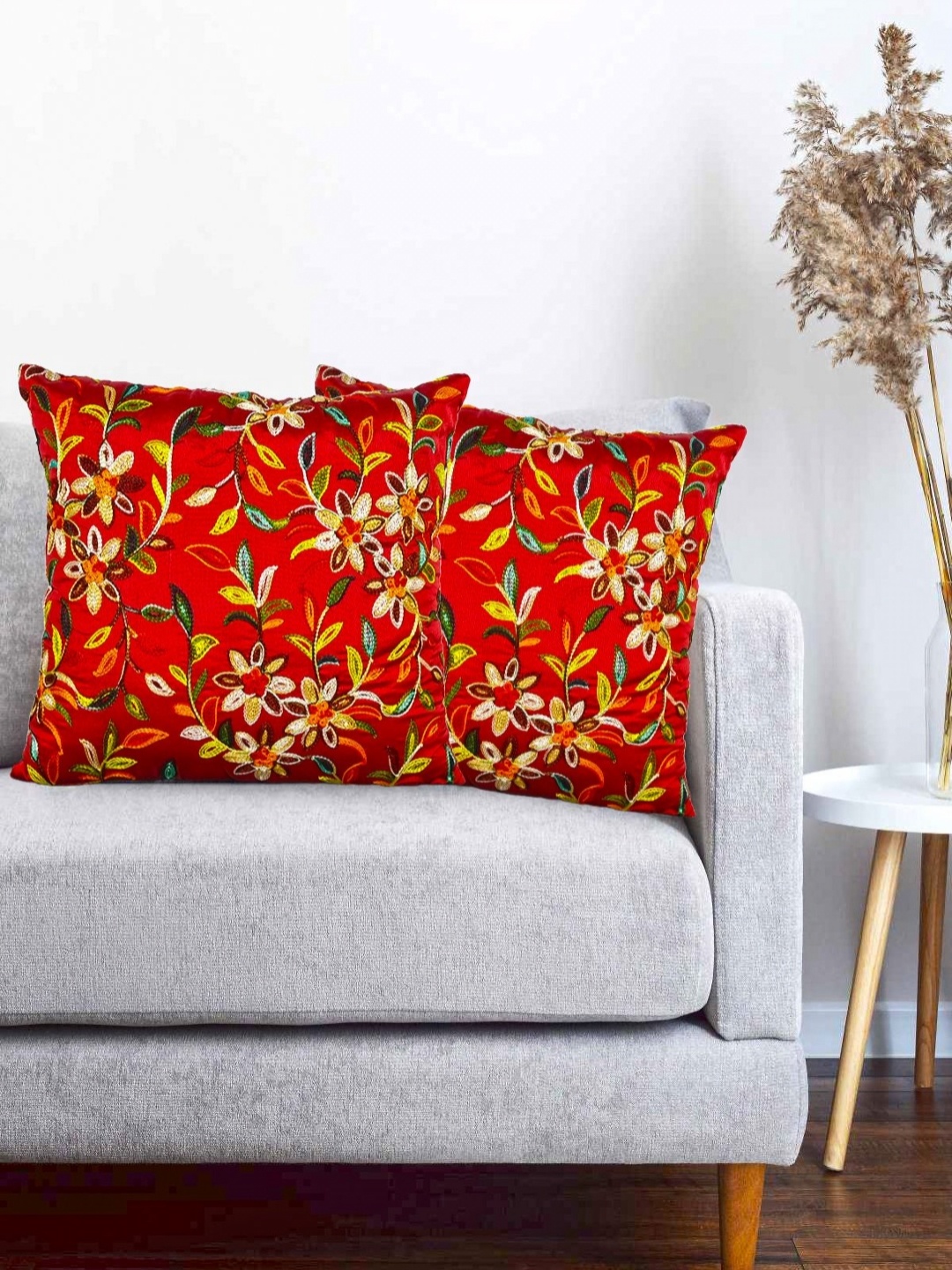 

Vinayaka Fab Red & Yellow 2 Pieces Floral Embroidered Silk Square Cushion Covers