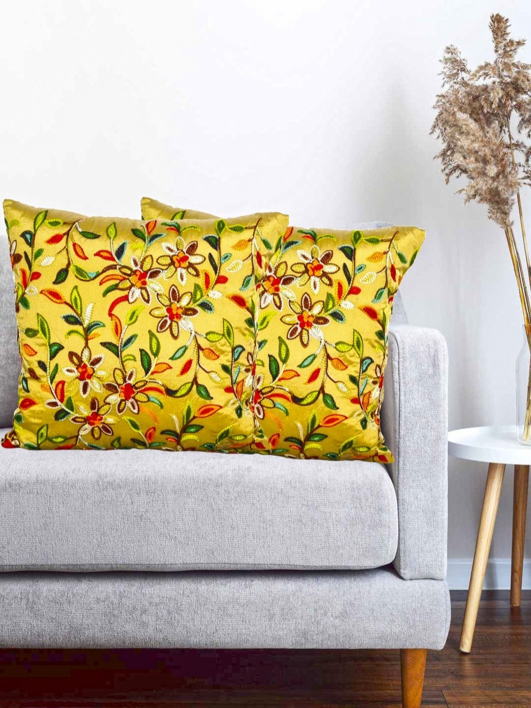 

Vinayaka Fab Yellow & Red 2 Pieces Floral Embroidered Silk Square Cushion Covers