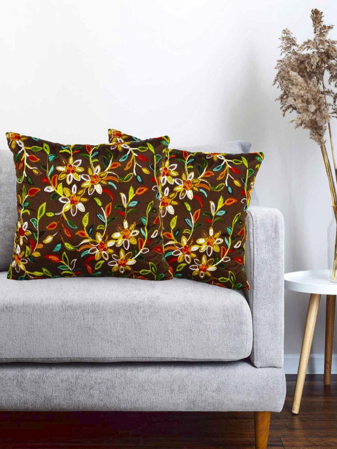

Vinayaka Fab Brown & Yellow 2 Pieces Floral Embroidered Silk Square Cushion Covers