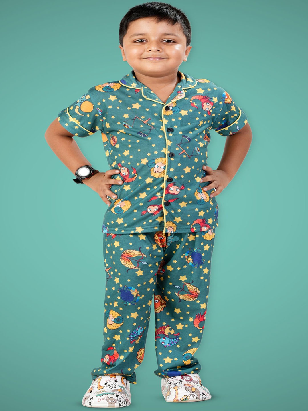 

BURBN Boys Printed Night suit, Teal