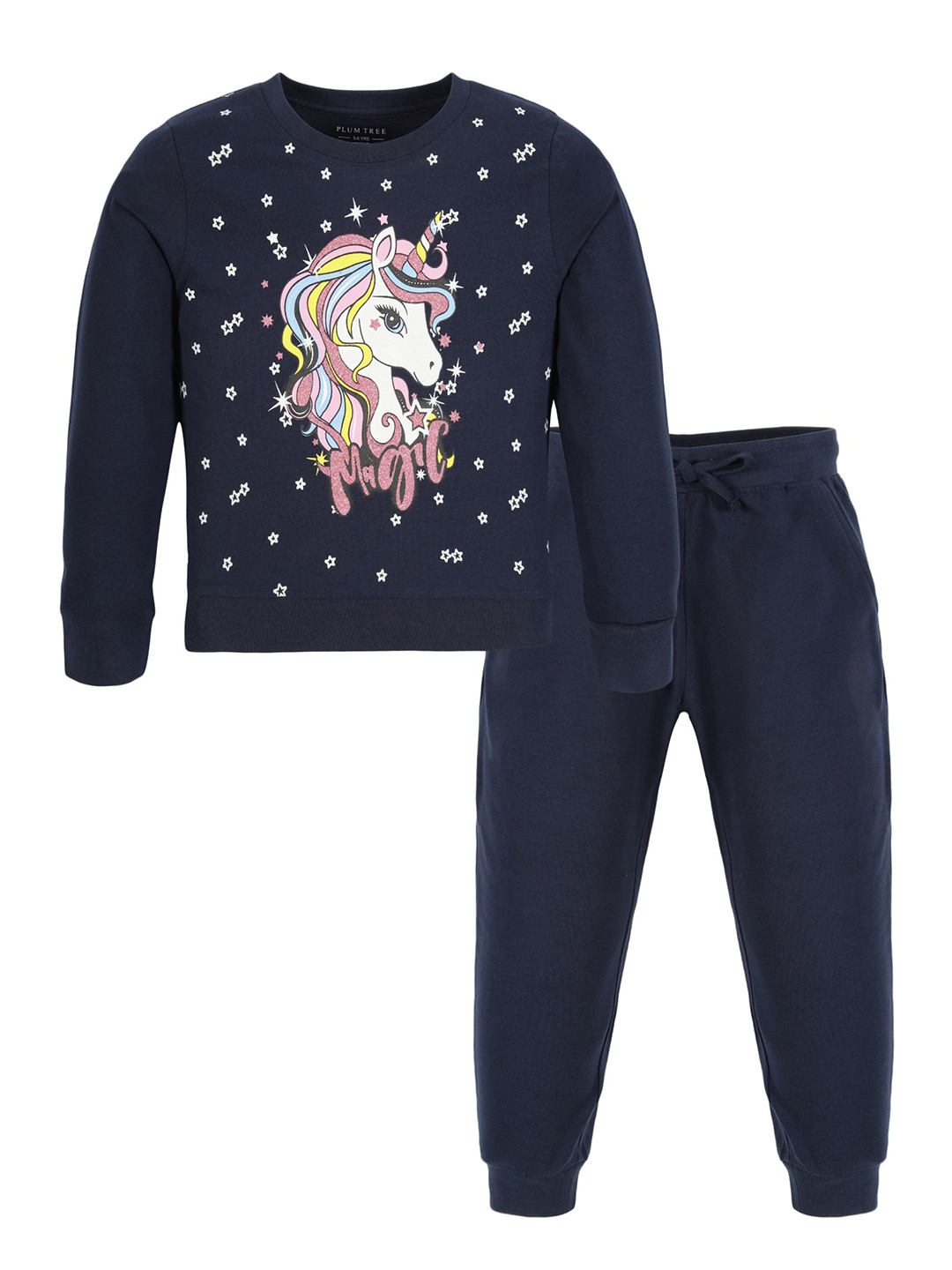 

PLUM TREE Girls Printed Pure Cotton T-shirt & Joggers, Navy blue