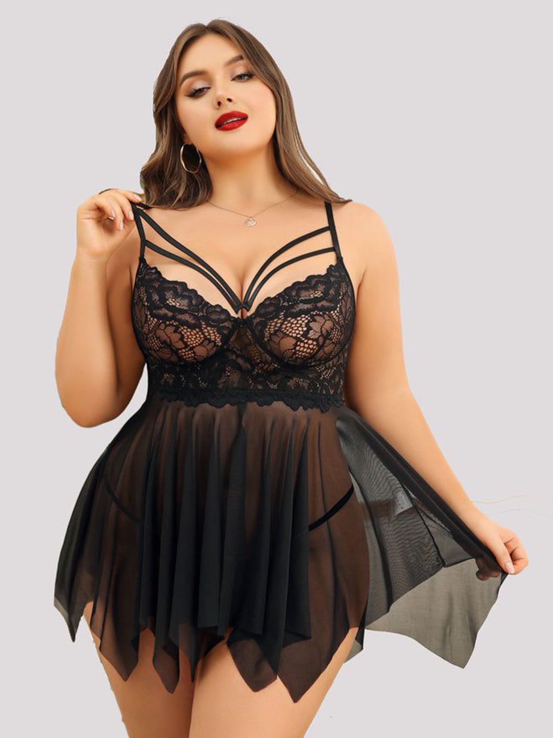 

KRENOZ Net Baby Doll with Asymmetric, Black