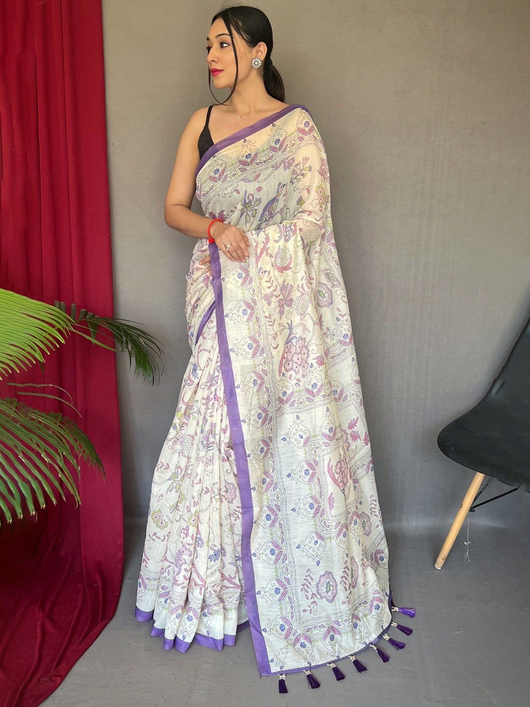 

MySilkLove Ethnic Motif Solid Border Pure Cotton Tassel Saree, Purple