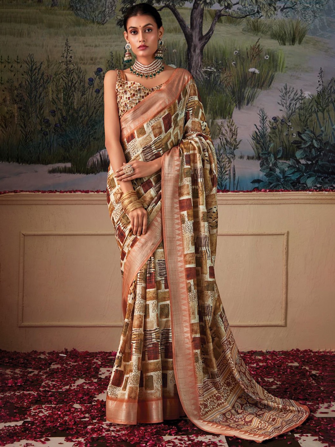 

MySilkLove Zari Woven Border Printed Saree, Cream