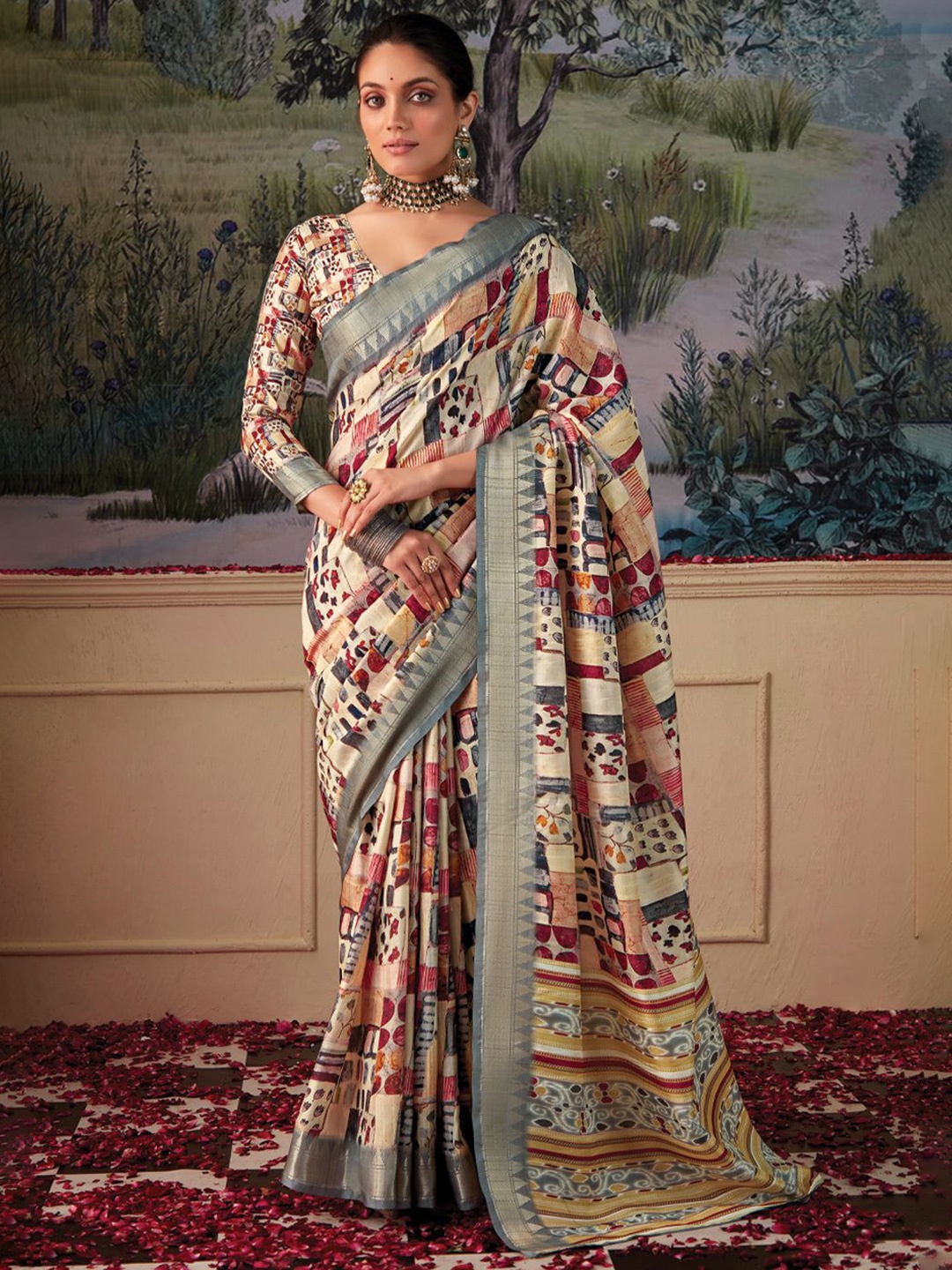 

MySilkLove Zari Woven Border Printed Saree, Cream
