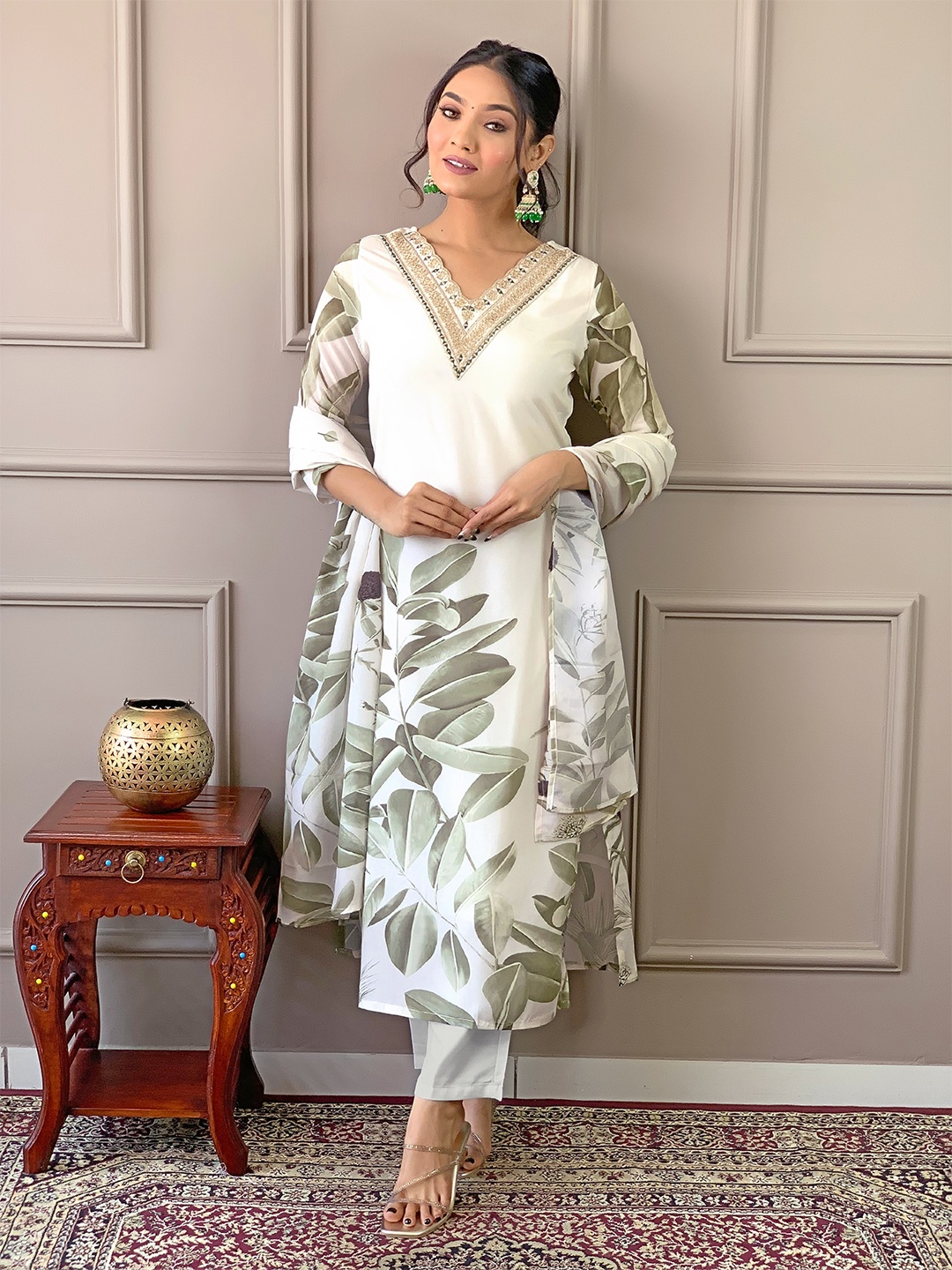

KALINI Floral Embroidered Thread Work Kurta with Trousers & With Dupatta, Lime green