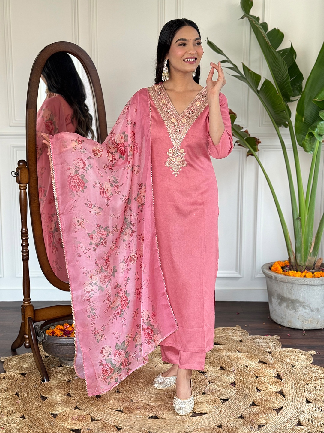 

KALINI Floral Yoke Design Gotta Patti Chanderi Silk Kurta with Trousers & Dupatta, Pink