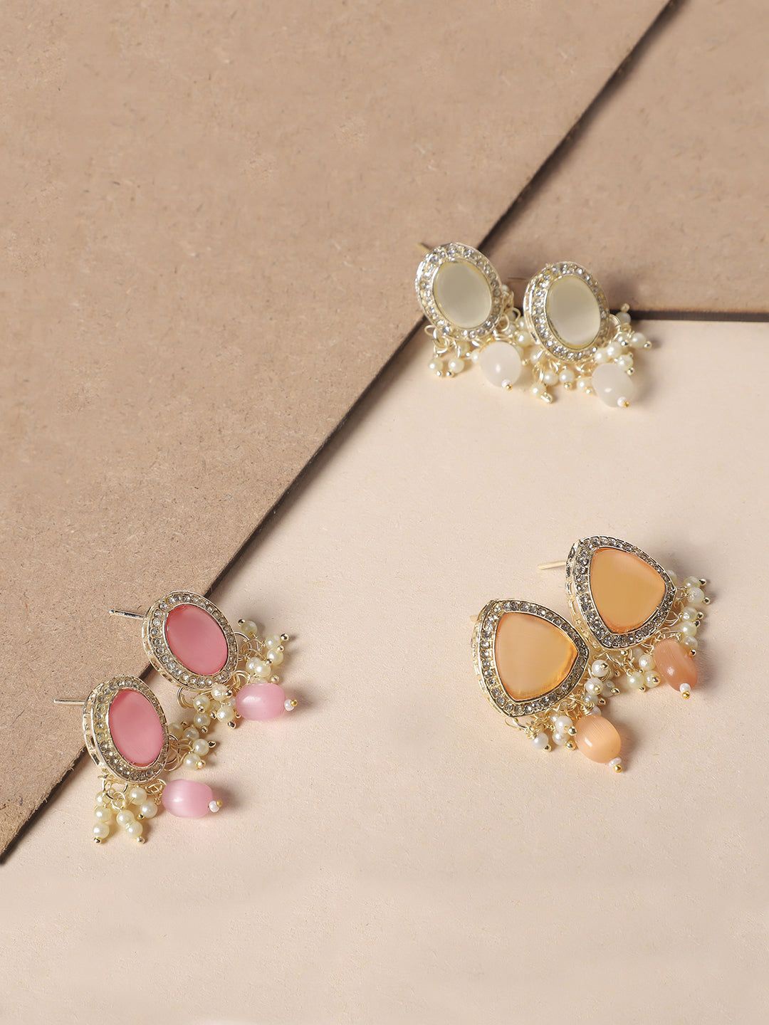 

Niska Set Of 3 Contemporary Kundan Studded Earrings, Pink