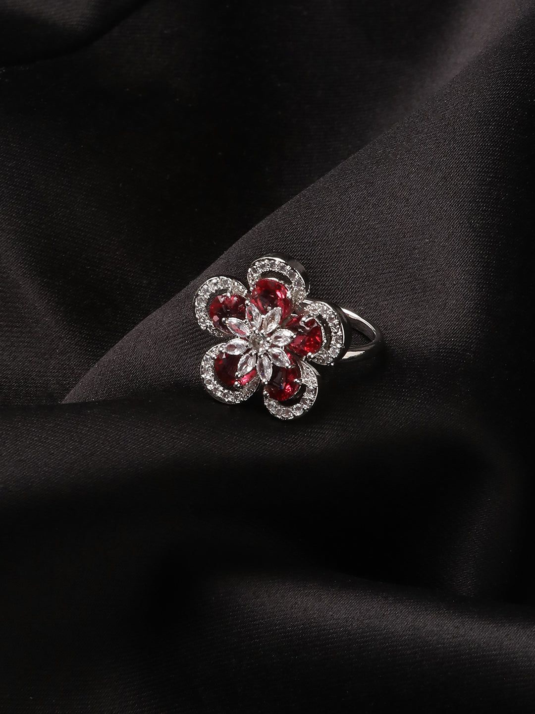 

Niska Cubic Zirconia Studded & Flower Design Finger Ring, Silver