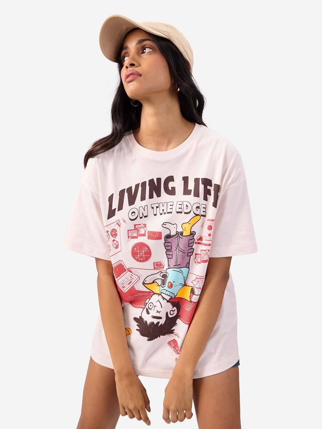

The Souled Store Women Graphic Printed Round Neck Cotton Oversized T-shirt, Off white
