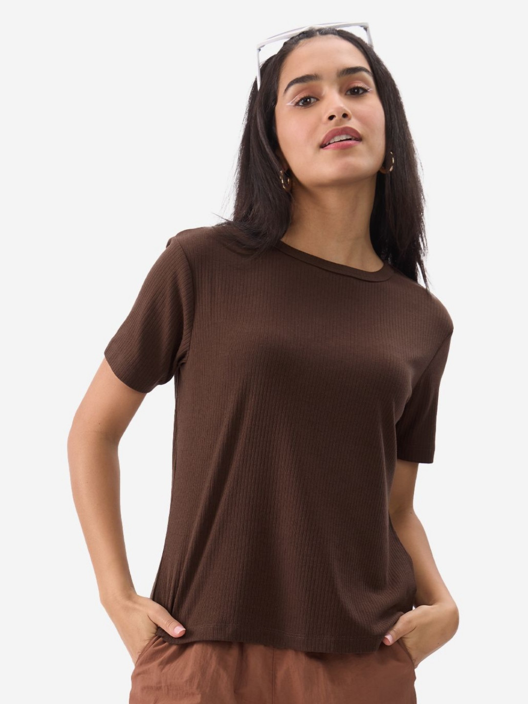 

The Souled Store Women Solid Knits Round Neck Relaxed Fit T-shirt, Brown