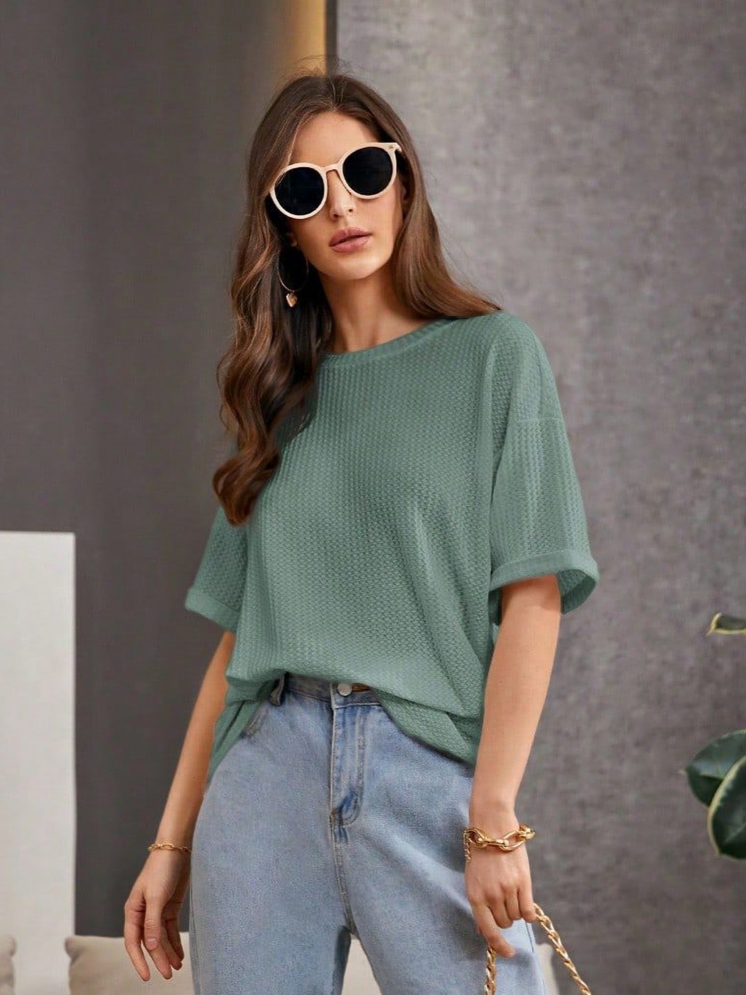 

R Cube Women Self Design Round Neck Oversized T-shirt, Lime green