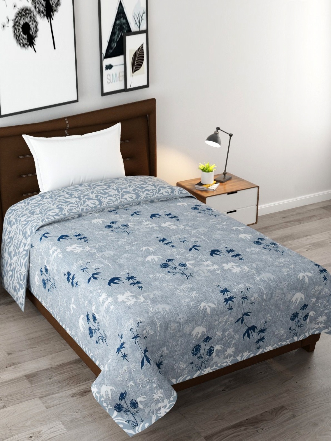 

Florida Grey & Blue Floral Printed Reversible Single Bed Comforter