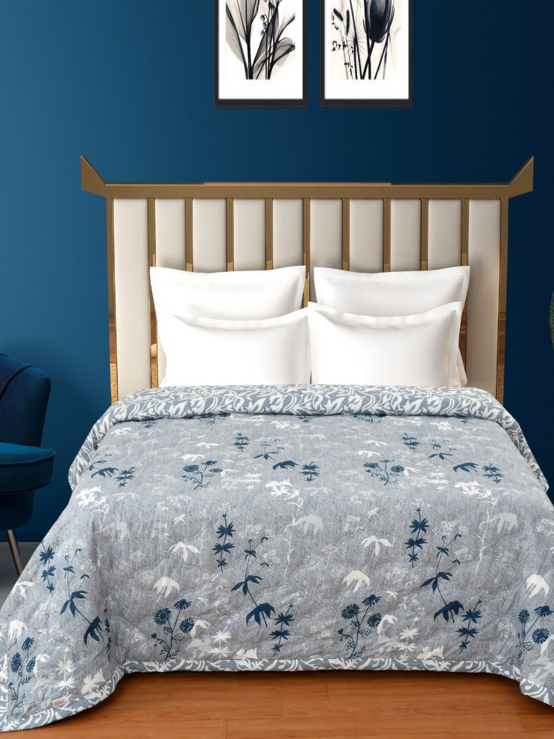 

Florida Grey & Blue Floral Printed Reversible Double Bed Dohar