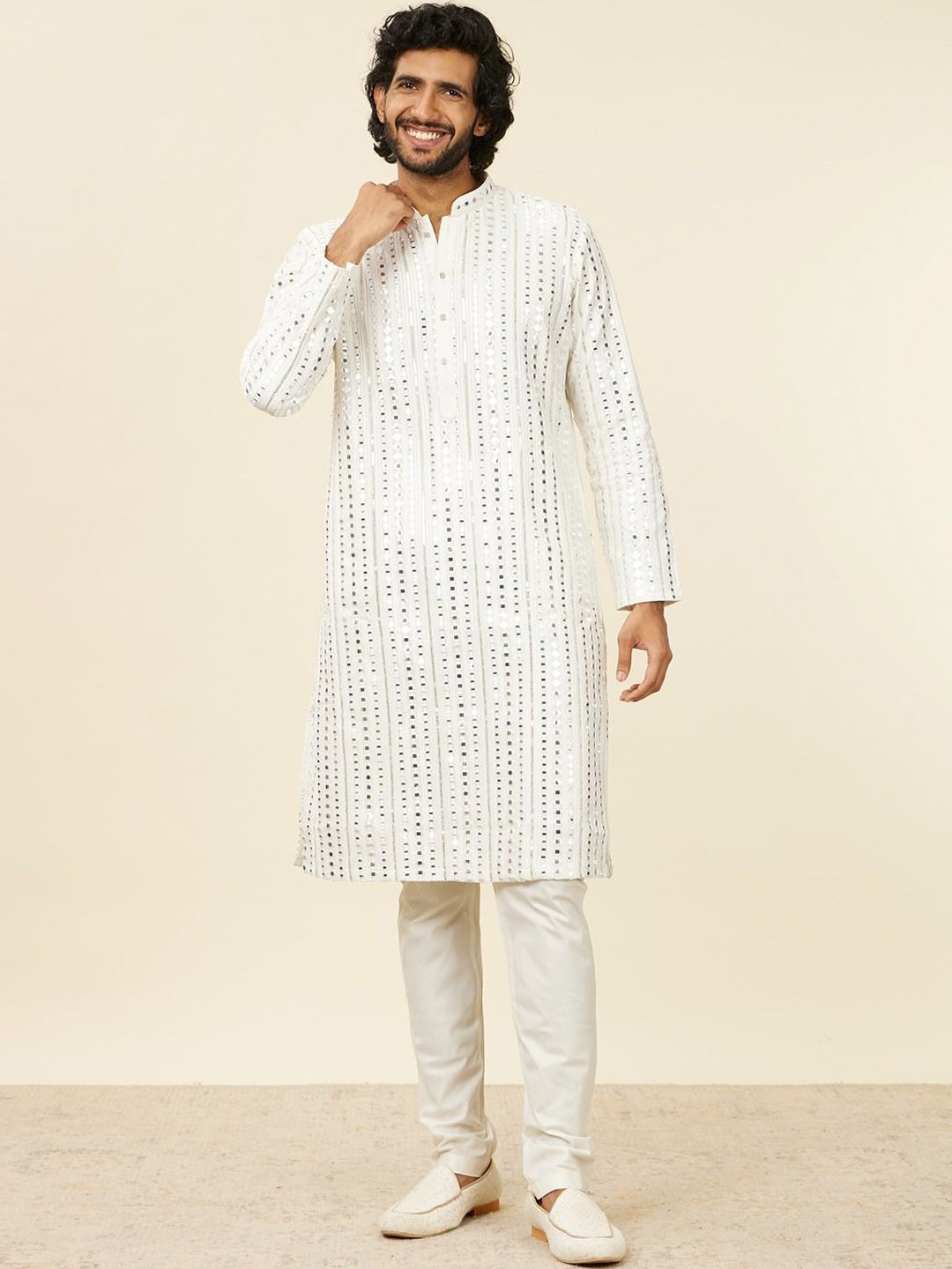 

Twamev Striped Mirror Work Mandarin Collar Straight Kurta With Pyjama, White