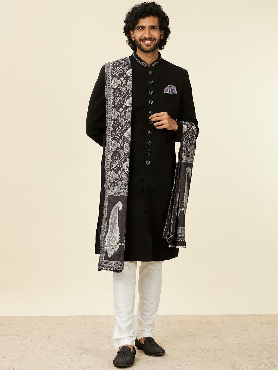 

Twamev Solid Embroidered Mandarin Collar Straight Cotton Sherwani Set, Black