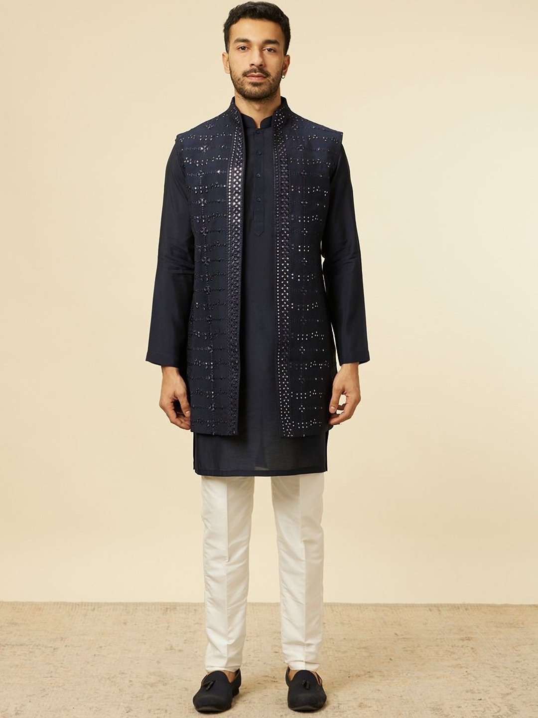 

Twamev Mirror Work Straight Kurta Set with Jacket, Blue