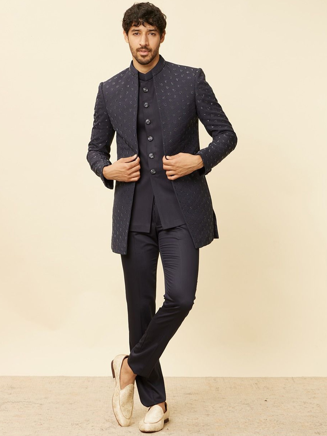 

Twamev Solid Embroidered Mandarin Collar Cotton Straight Sherwani Set, Blue