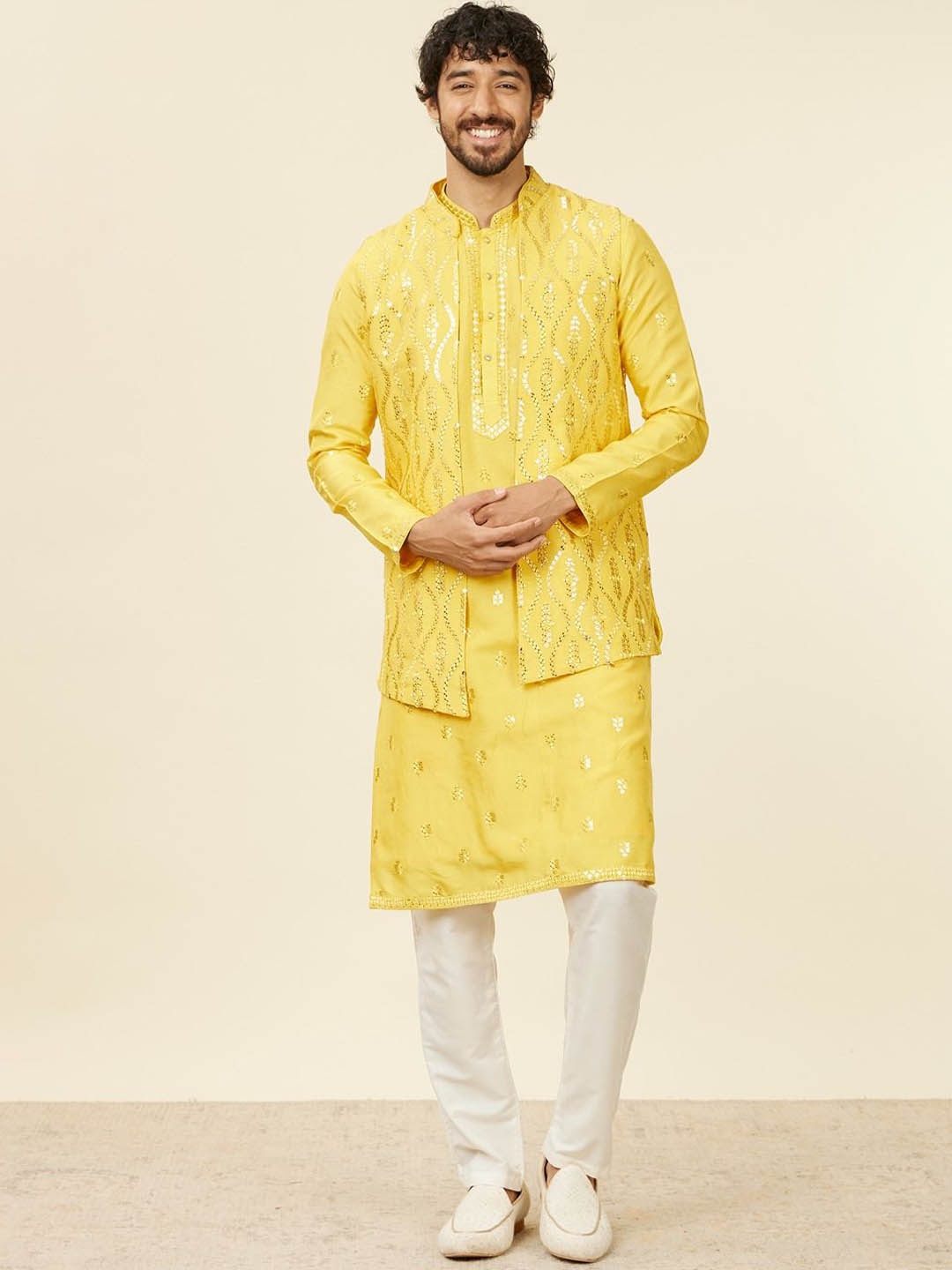 

Twamev Floral Embroidered Thread Work Straight Kurta Set with Jacket, Yellow