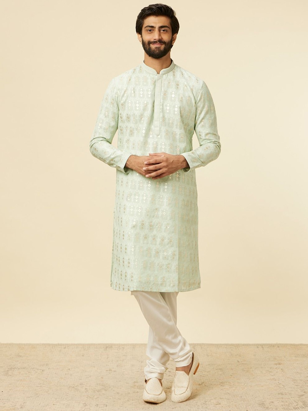

Twamev Woven Design Mandarin Collar Chanderi Cotton Zari Straight Kurta With Churidar, Blue