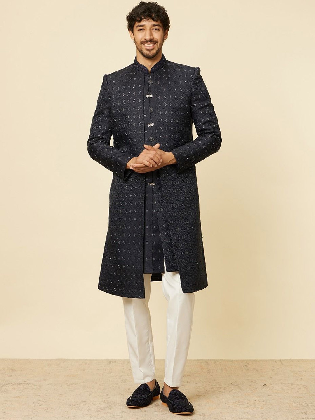 

Twamev Solid Embroidered Mandarin Collar Sherwani Set, Blue