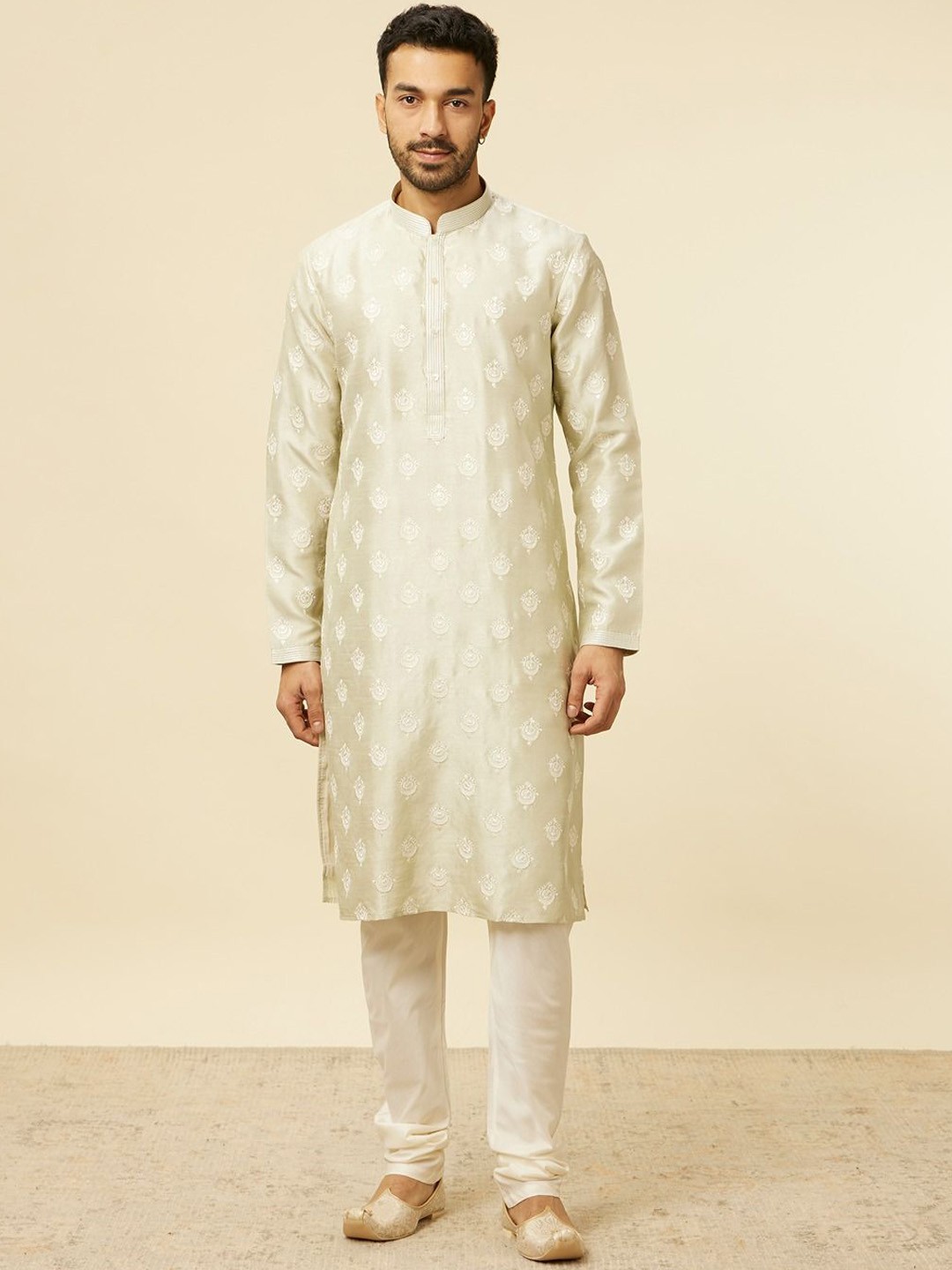 

Twamev Floral Embroidered Mandarin Collar Thread Work Straight Kurta with Churidar, Green