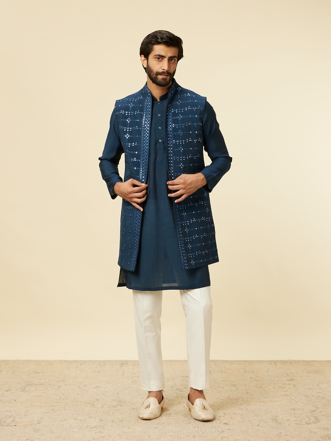 

Twamev Thread Work Straight Kurta Set with Jacket, Blue