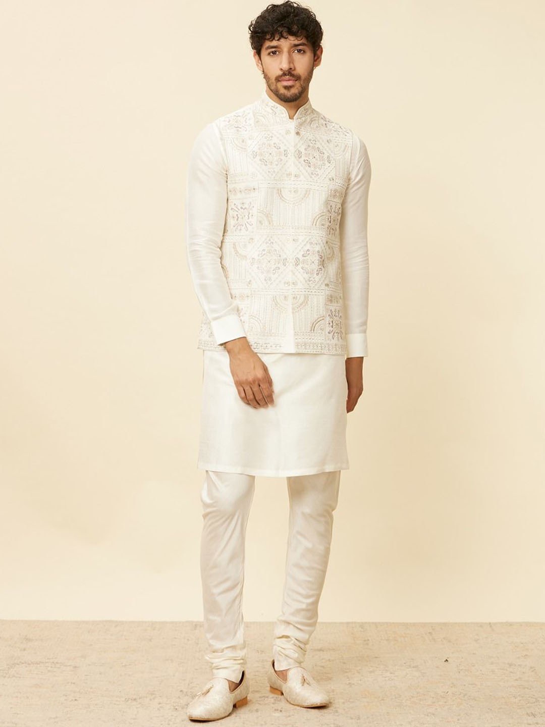 

Twamev Thread Work Straight Kurta Set with Jacket, Cream