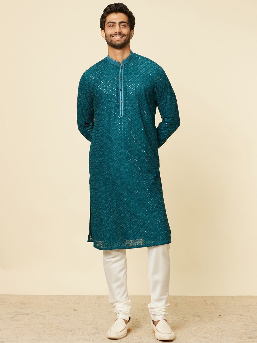 

Twamev Ethnic Motifs Embroidered Mandarin Collar Sequinned Straight Kurta with Churidar, Blue