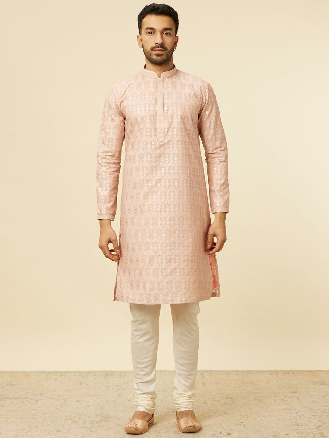 

Twamev Ethnic Motifs Woven Design Chanderi Cotton Straight Kurta with Churidar, Pink