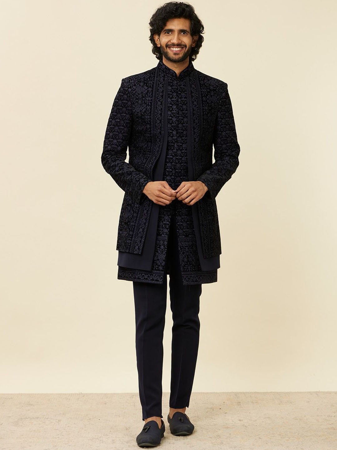 

Twamev Solid Embroidered Mandarin Collar Straight Sherwani Set, Blue