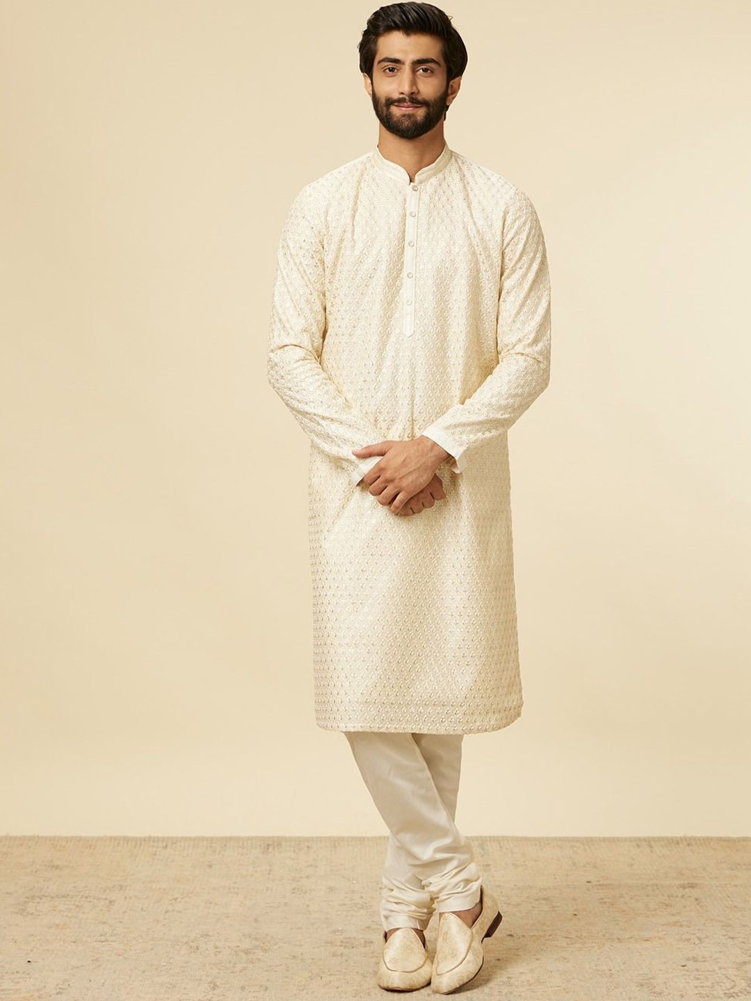 

Twamev Embroidered Mandarin Collar Sequinned Chanderi Cotton Straight Kurta With Churidar, Cream