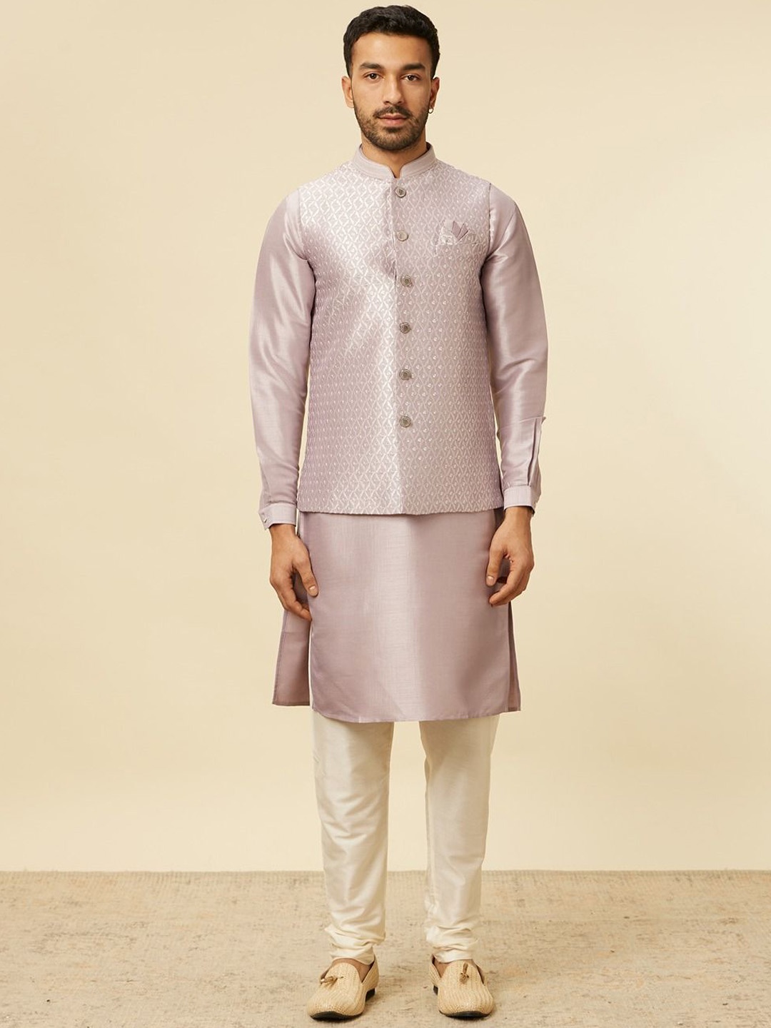 

Twamev Thread Work Straight Kurta Set with Jacket, Purple