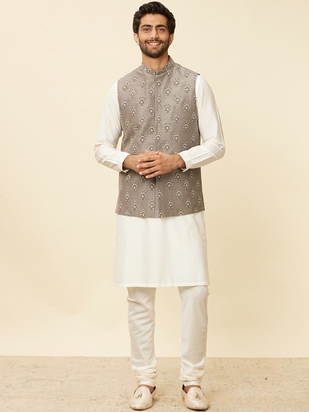 

Twamev Thread Work Straight Kurta Set with Jacket, White