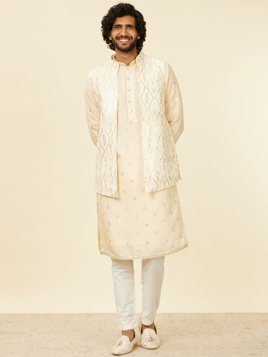 

Twamev Thread Work Straight Kurta Set with Jacket, Cream