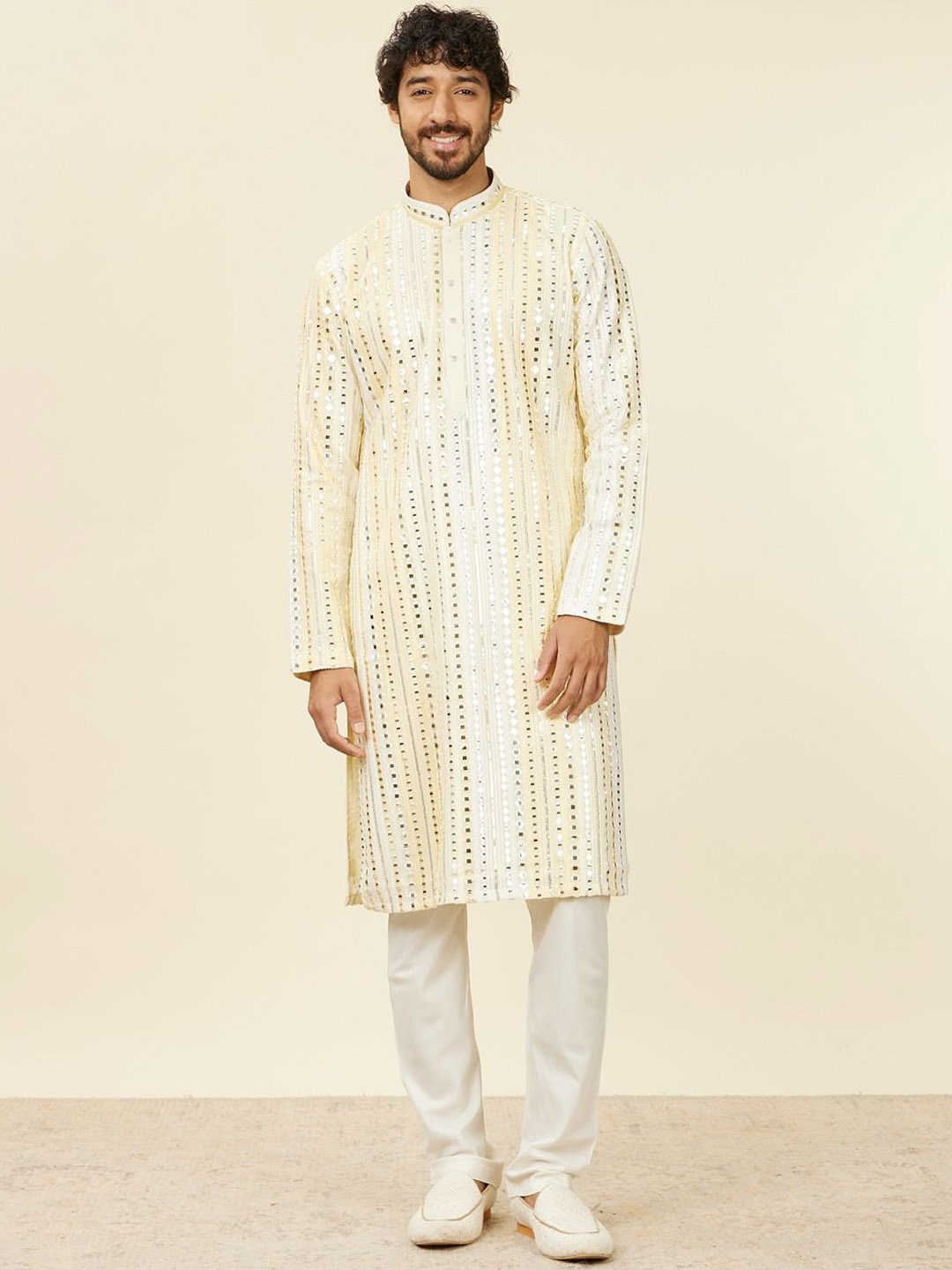 

Twamev Geometric Embroidered Mandarin Collar Mirror Work Straight Kurta With Pyjamas, Yellow