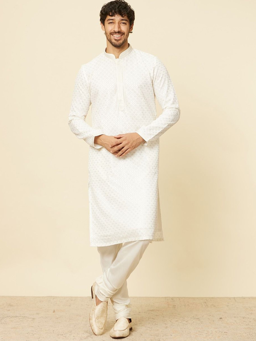 

Twamev Geometric Embroidered Mandarin Collar Georgette Zari Straight Kurta With Churidar, Cream