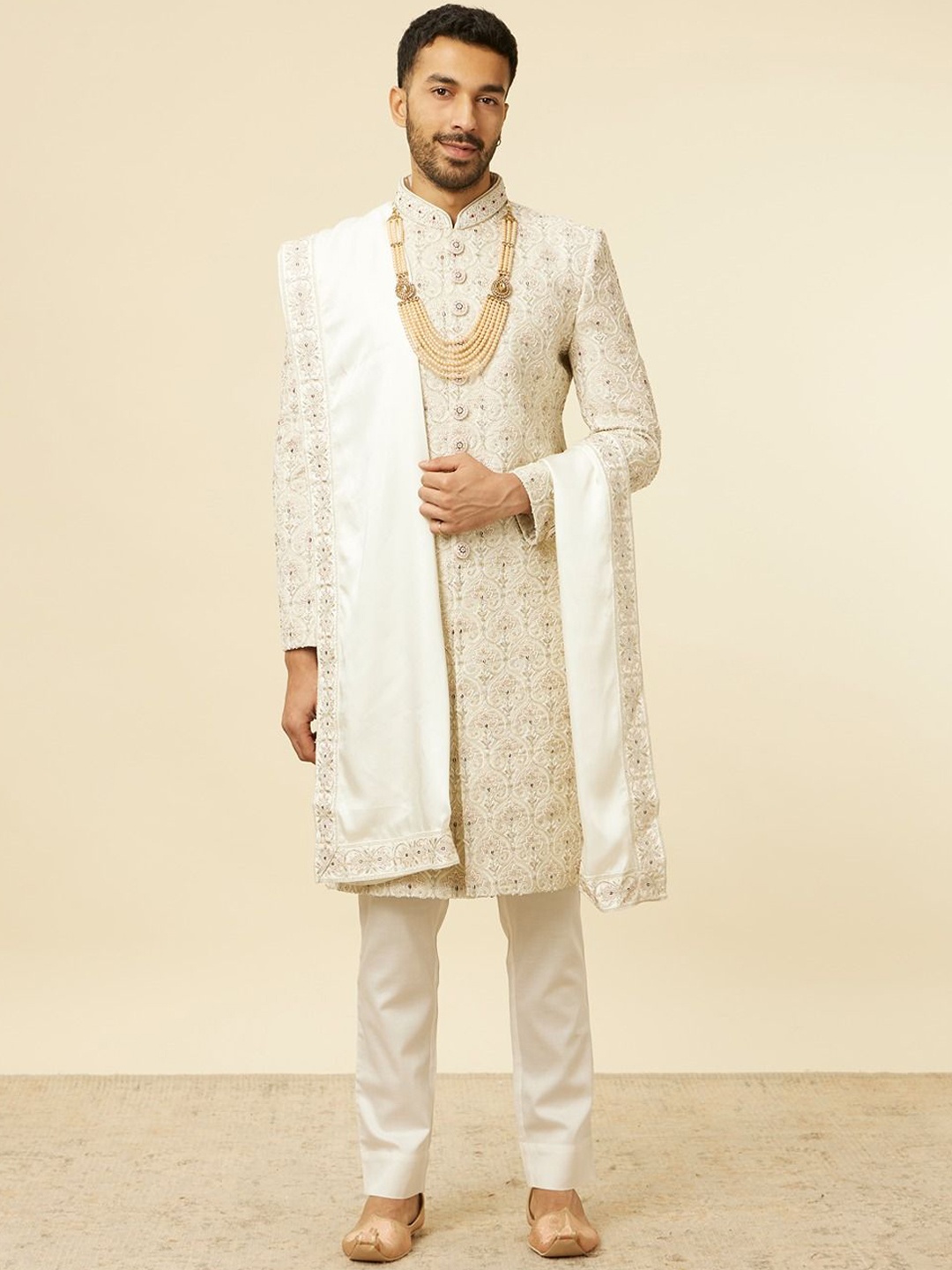 

Twamev Solid Embroidered Mandarin Collar Sherwani Set, White