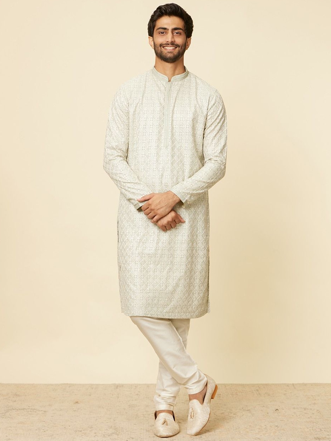 

Twamev Geometric Embroidered Mandarin Collar Thread Work Straight Kurta With Churidar, Green