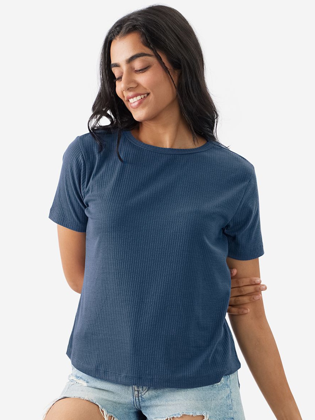 

The Souled Store Women Solid Knits Round Neck Relaxed Fit T-shirt, Blue