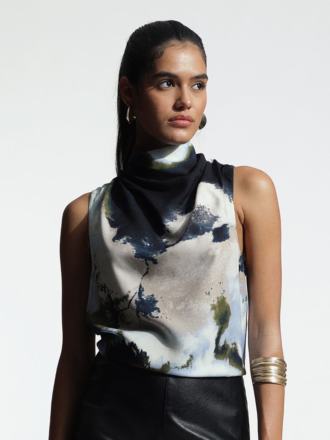 

H&M Women Abstract Printed Cowl Neck Tank Top, Black
