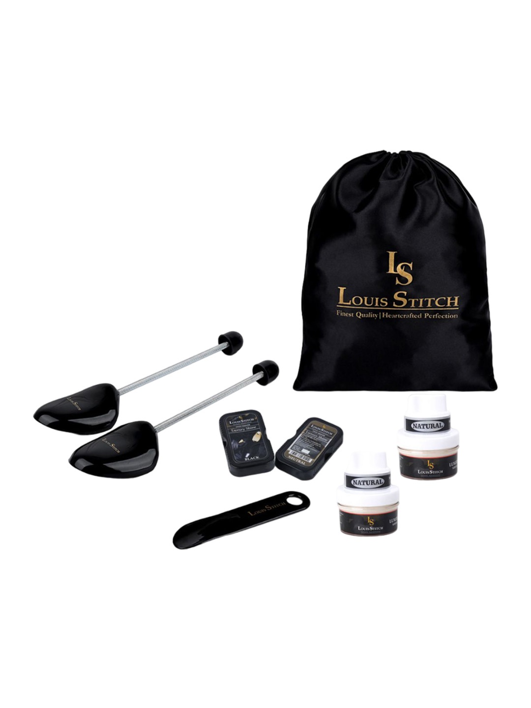 

LOUIS STITCH Set Of 7 Shoe Accessories - Shoe Tree+Horn+Shoe Bag+Cream+Twin Shiner, Black