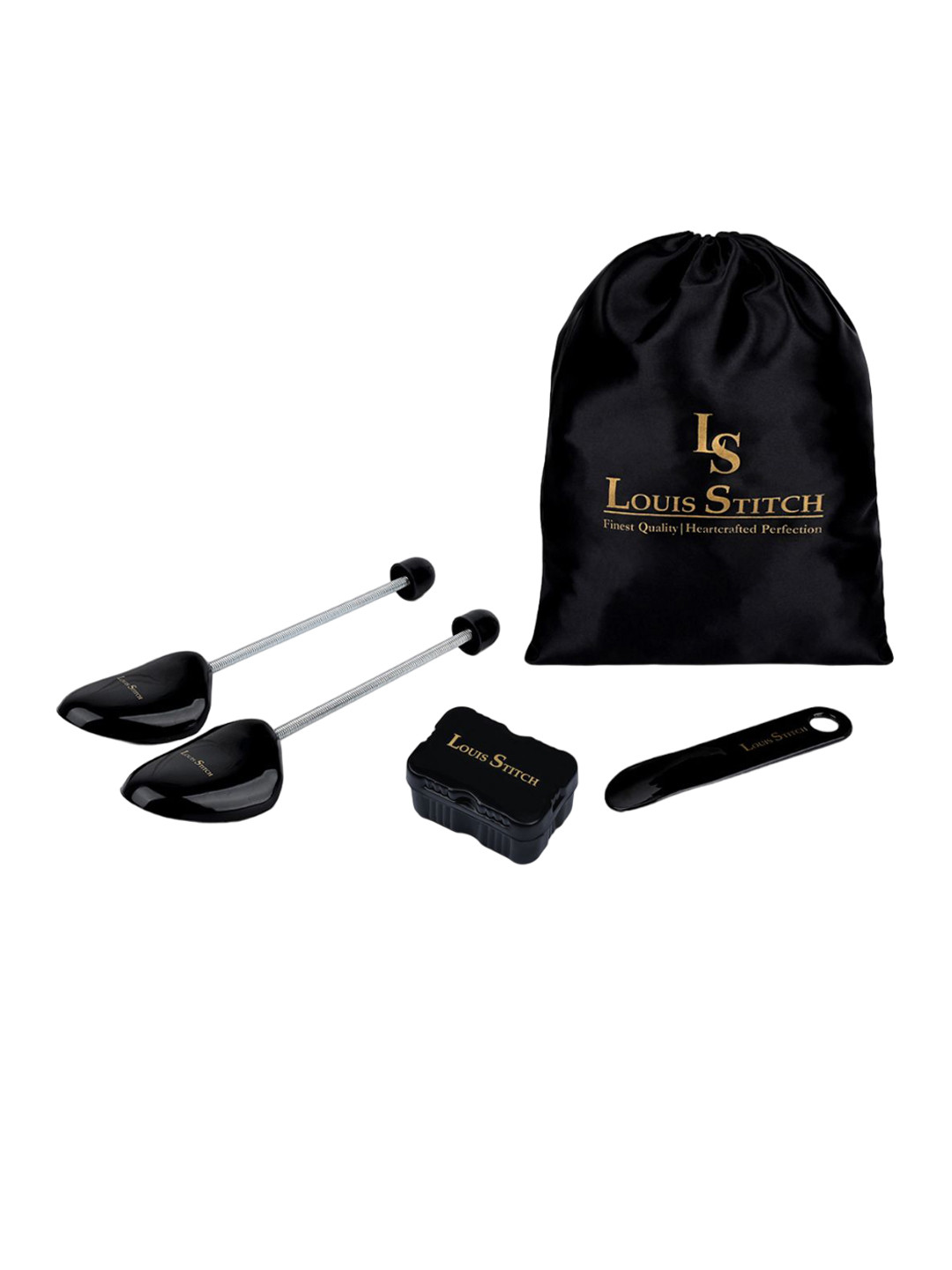 

LOUIS STITCH Set Of 4 Shoe Accessories - Shoe Tree+Shoe Horn+Square Shiner+Satin Shoe Bag, Black
