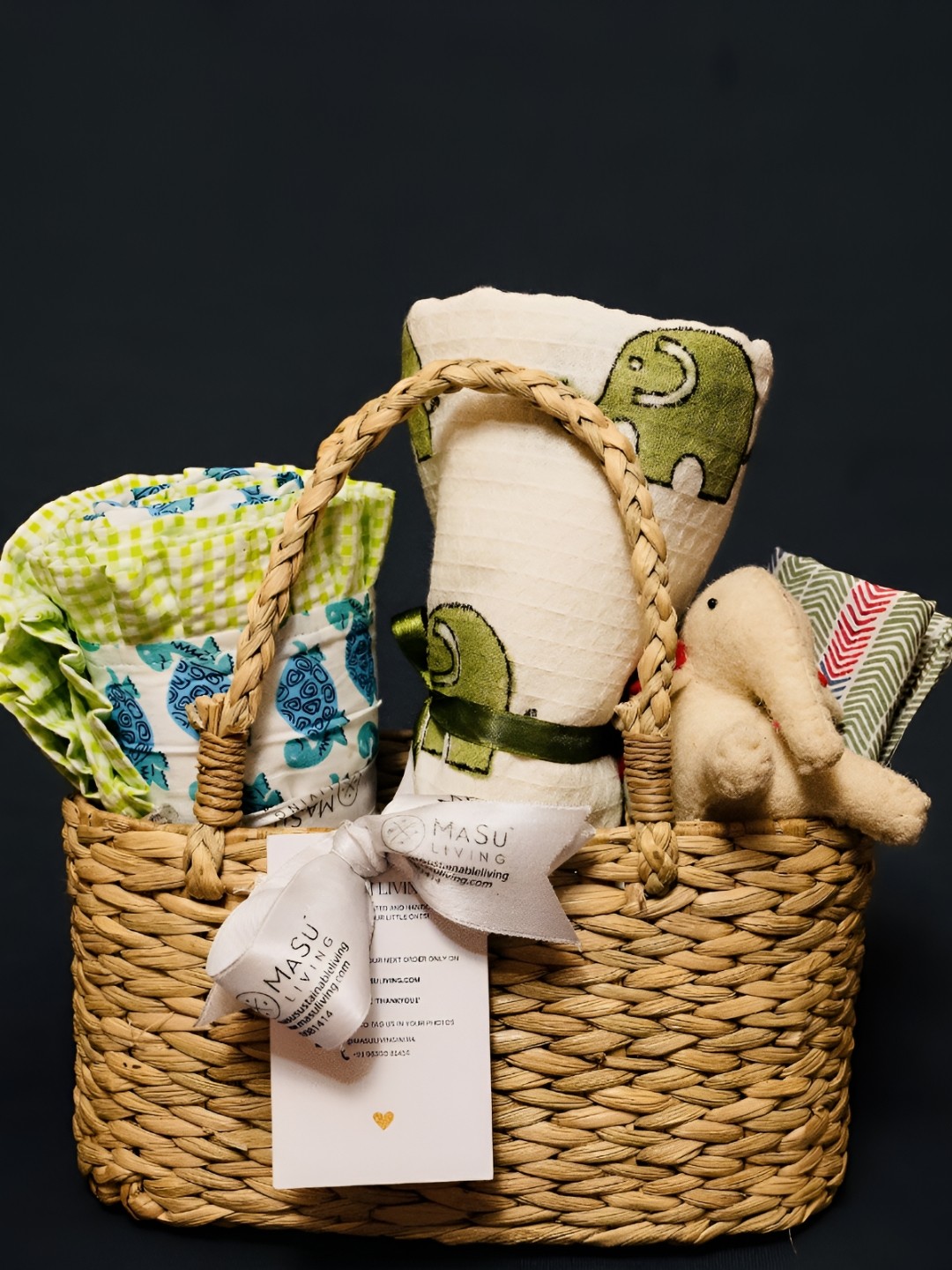 

MASU LIVING Yellow & White Printed Cotton Mini Aloka Baby Hamper Totos, Green