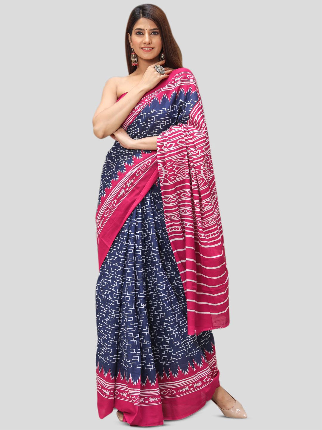 

BUTA BUTI Printed Pure Cotton Saree, Navy blue