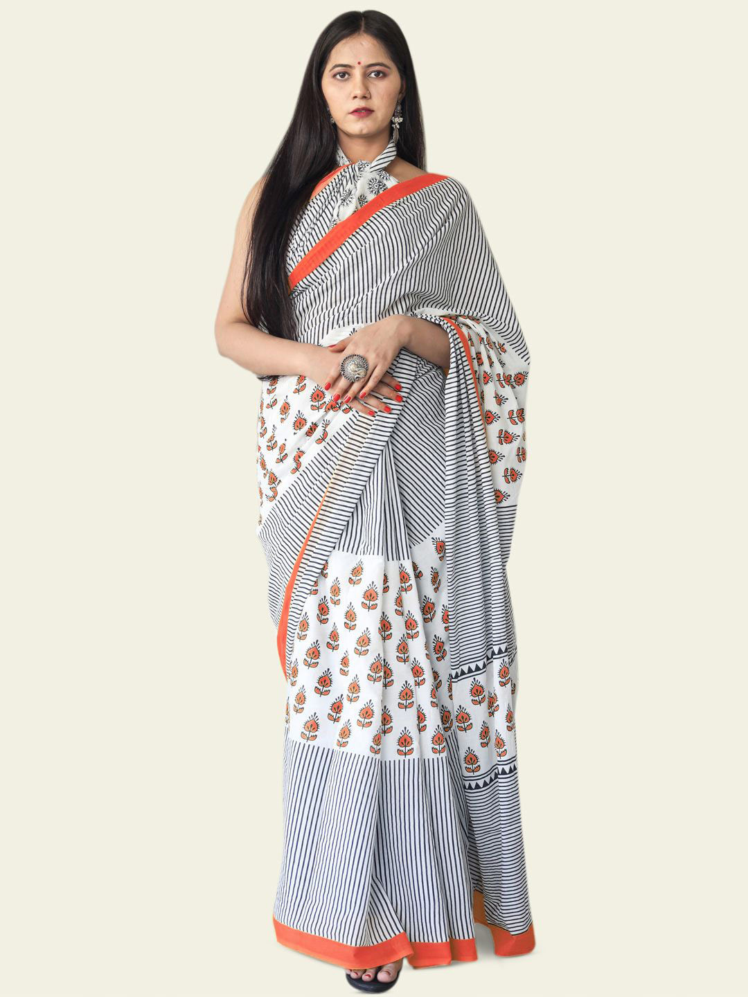 

BUTA BUTI Ethnic Motifs Printed Pure Cotton Saree, Orange