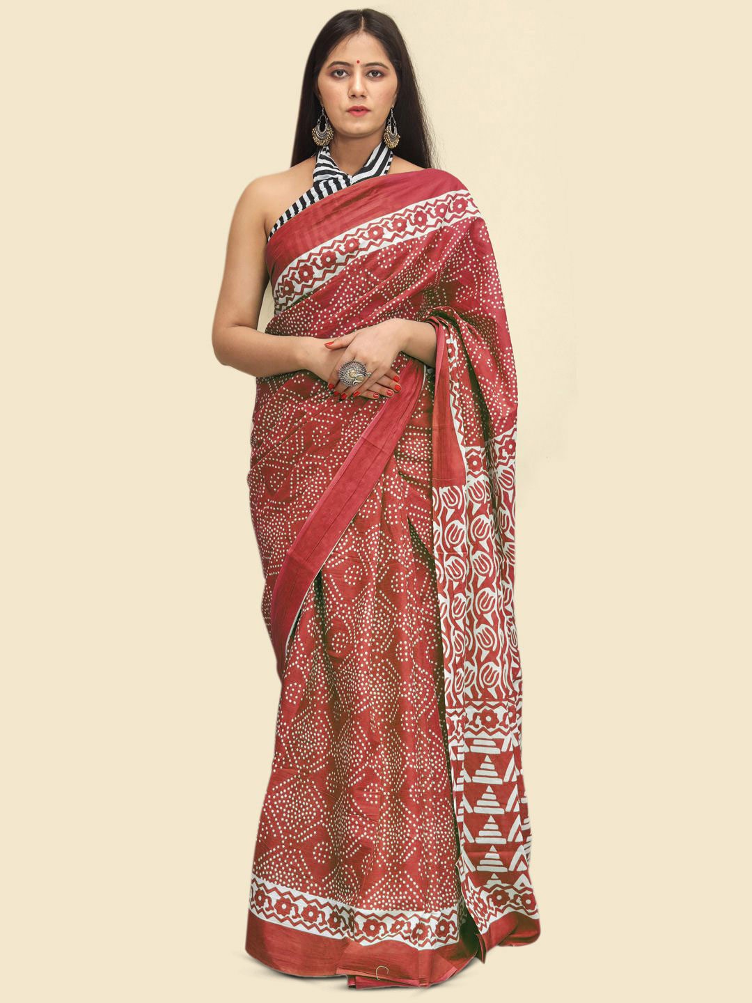 BUTA BUTI Printed Pure Cotton Saree, Red